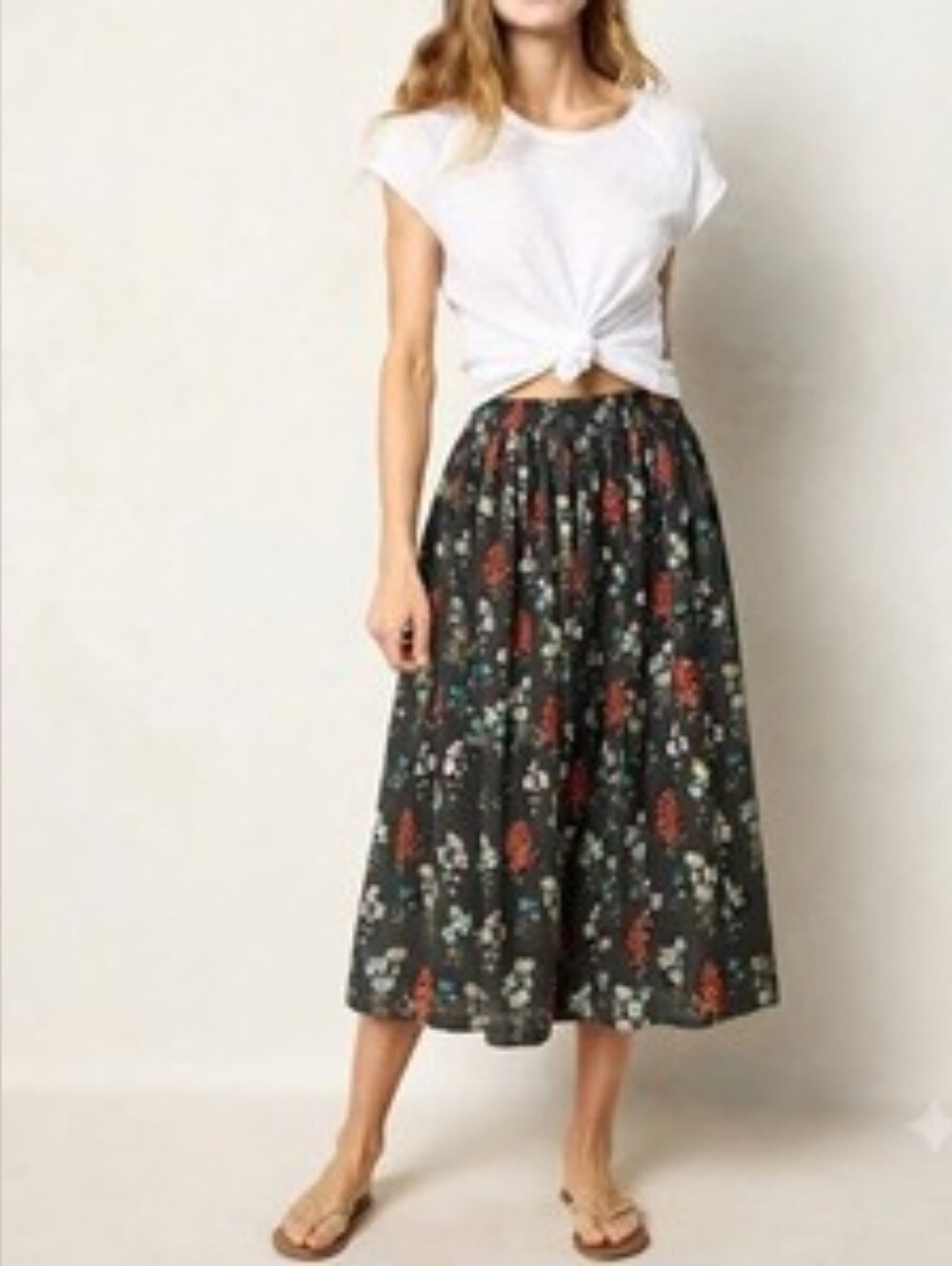 Natural Life Dark Gray Floral Bohemian Maxi Skirt with Smocked Waist Side Split - Picture 3 of 9
